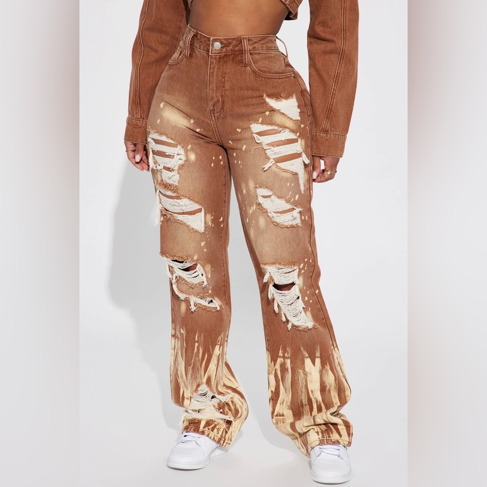 Distressed straight leg high waisted jeans